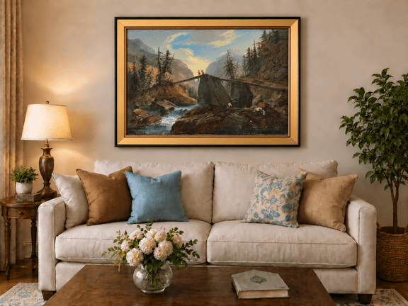 Hand-painted Alpine Log Bridge and Mountain Stream landscape oil painting displayed as wall art in a styled interior