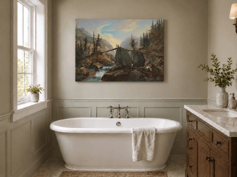 Hand-painted Alpine Log Bridge and Mountain Stream landscape oil painting displayed as wall art in a styled interior