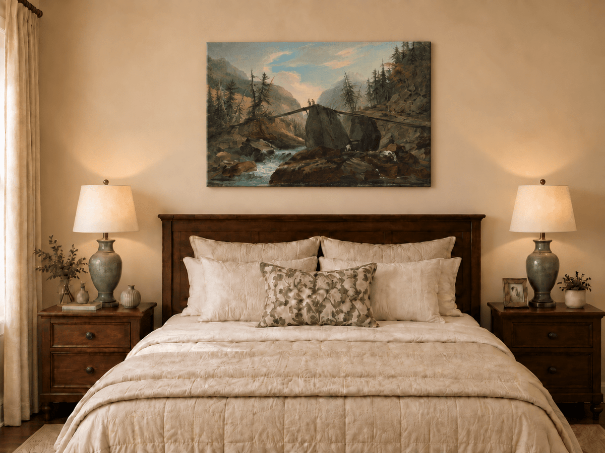 Hand-painted Alpine Log Bridge and Mountain Stream landscape oil painting displayed as wall art in a styled interior