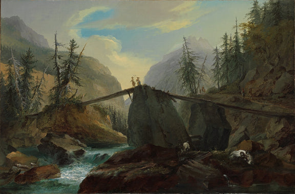 Hand-painted alpine log bridge and mountain stream landscape oil painting on canvas