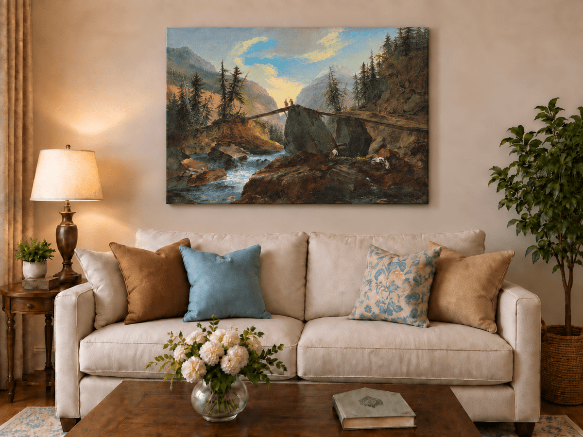 Hand-painted Alpine Log Bridge and Mountain Stream landscape oil painting displayed as wall art in a styled interior