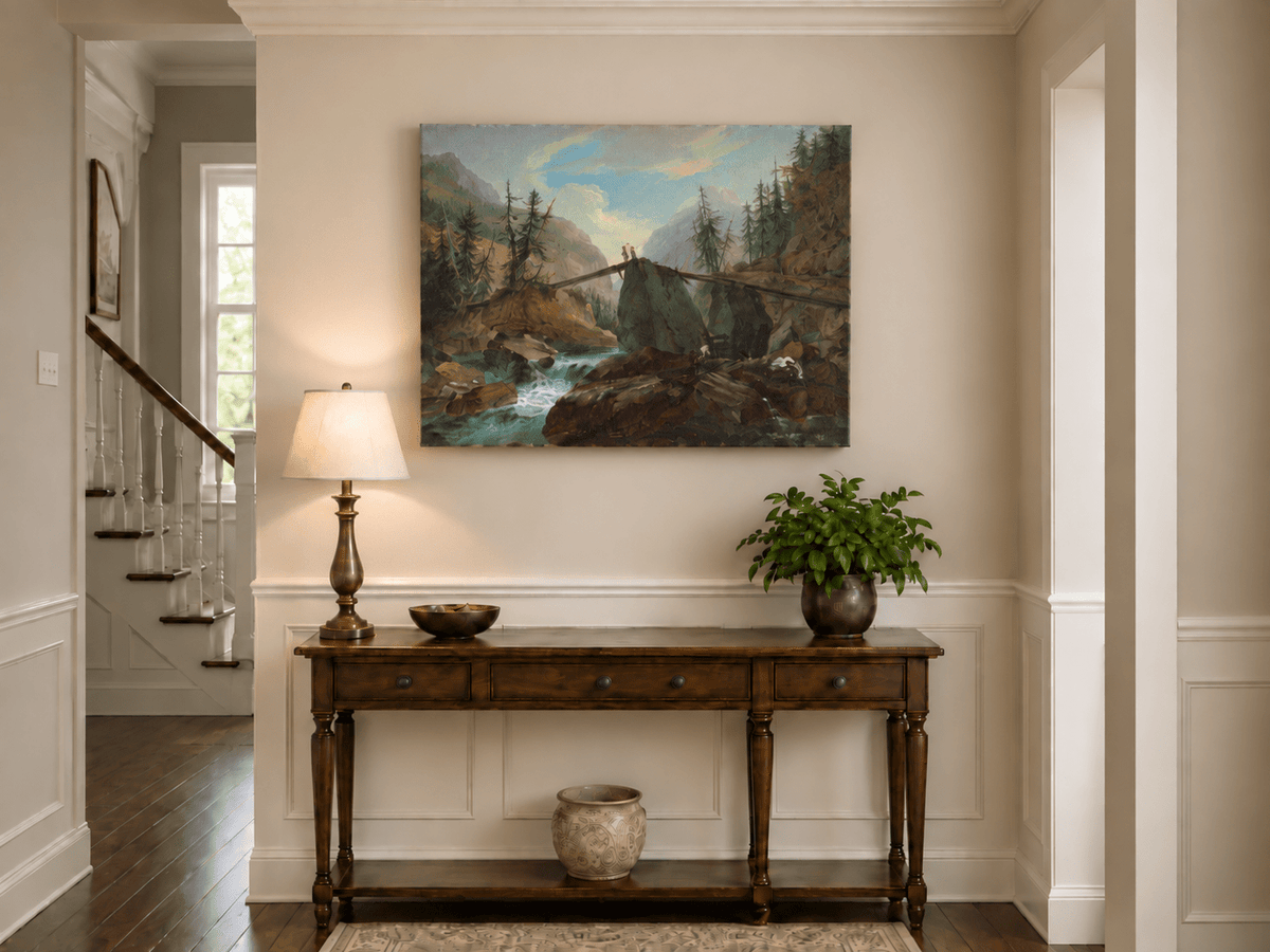 Hand-painted Alpine Log Bridge and Mountain Stream landscape oil painting displayed as wall art in a styled interior