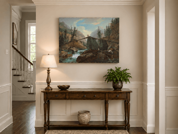 Hand-painted Alpine Log Bridge and Mountain Stream landscape oil painting displayed as wall art in a styled interior