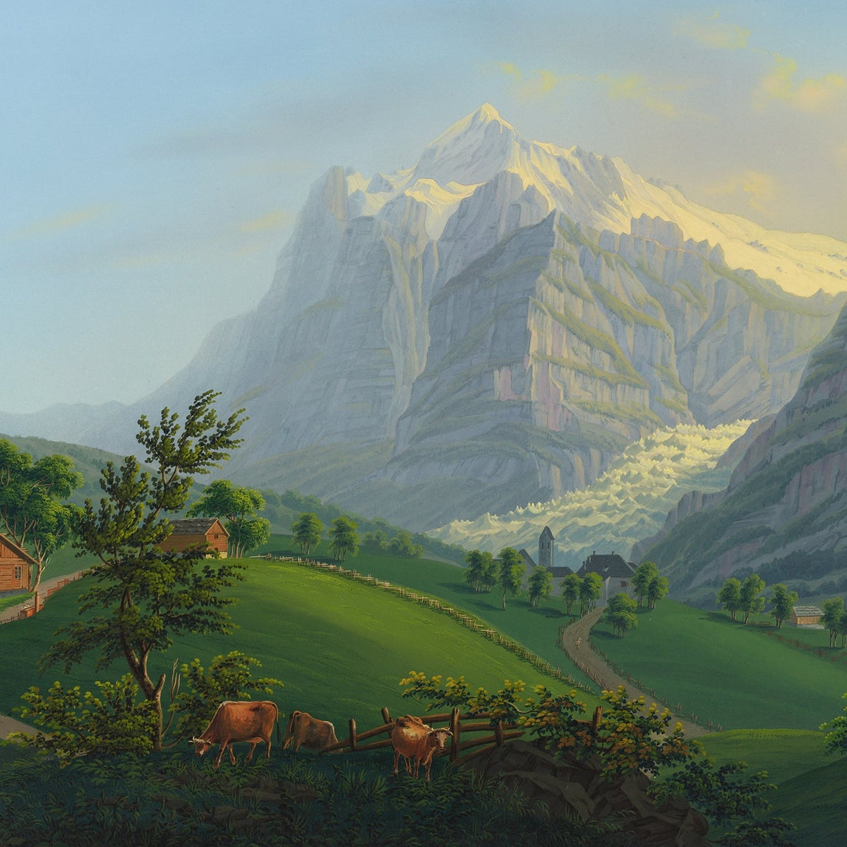 Hand-painted alpine meadow, glacier and chapel landscape oil painting on canvas