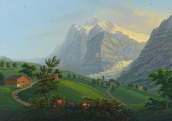 Hand-painted alpine meadow, glacier and chapel landscape oil painting on canvas