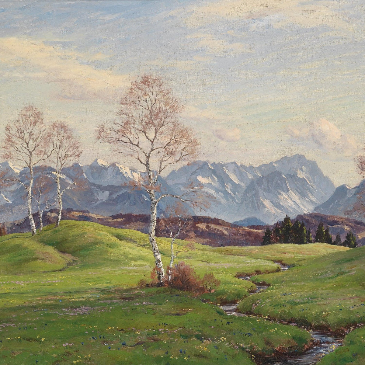 Landscape Oil Painting - Alpine meadow & green hills, birch trees - Oil Painting Haven