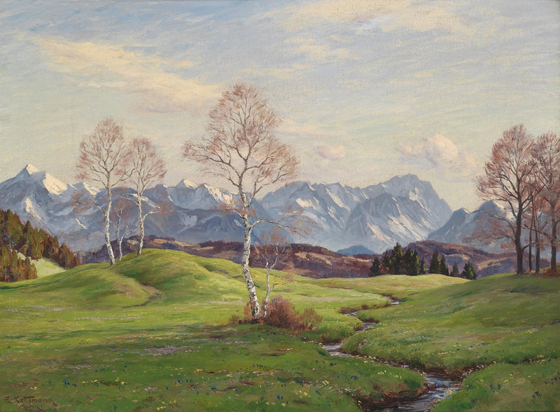 Landscape Oil Painting - Alpine meadow & green hills, birch trees - Oil Painting Haven