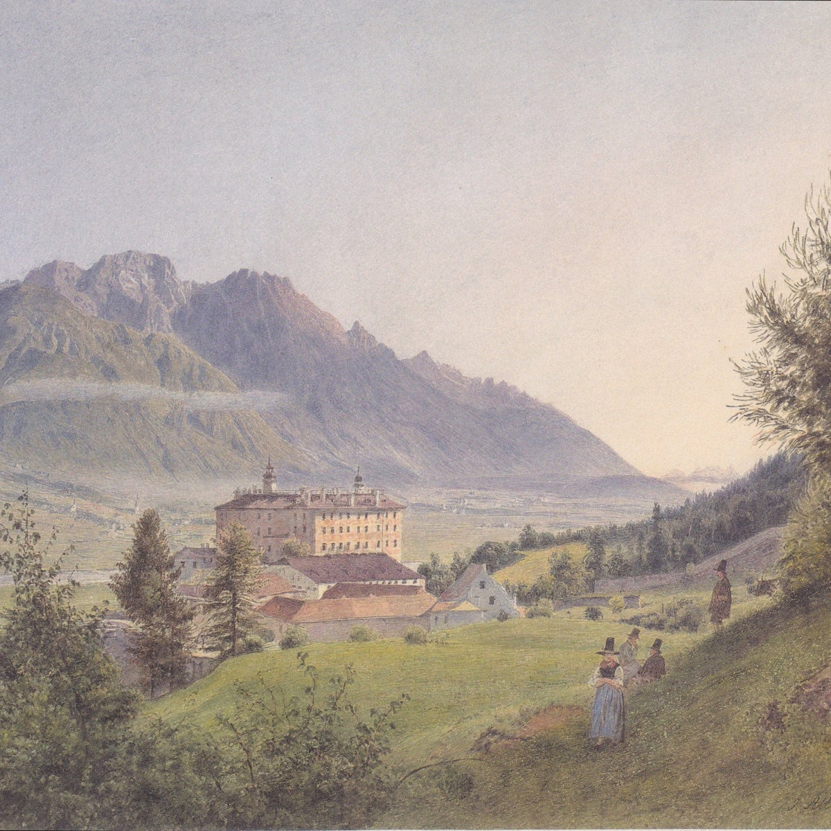 Hand-painted alpine monastery and mountain meadow landscape oil painting on canvas