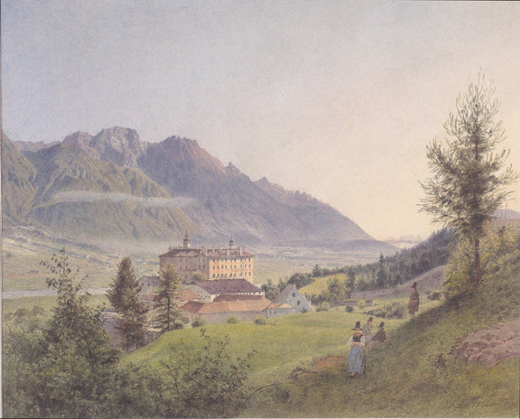 Hand-painted alpine monastery and mountain meadow landscape oil painting on canvas