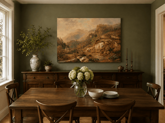 Hand-painted alpine cabin and mountain landscape artwork in an interior display.