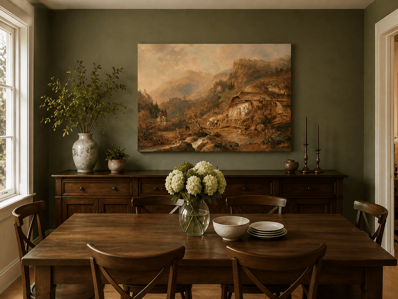 Hand-painted alpine cabin and mountain landscape artwork in an interior display.