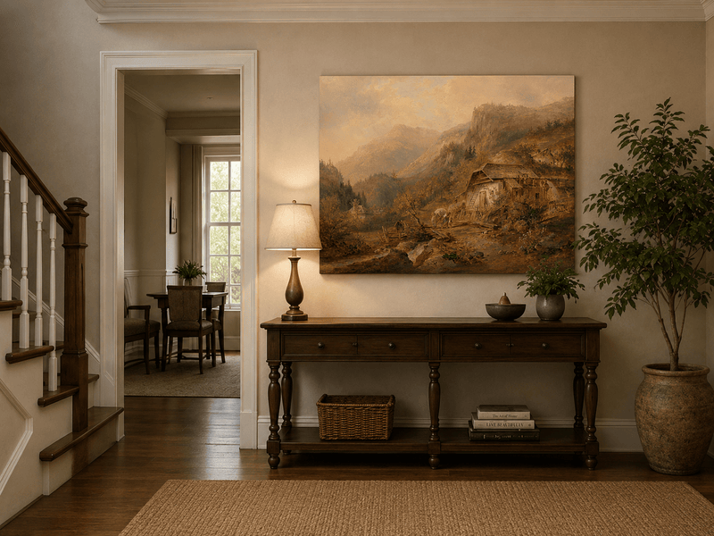 Alpine mountain peaks landscape painting shown as decorative oil wall art.