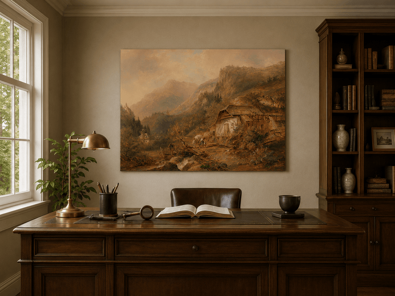 Interior wall art view featuring an alpine mountain cabin and warm evening peaks oil painting.