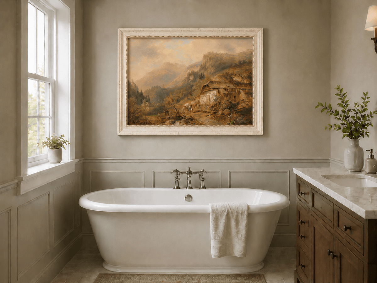 Alpine mountain cabin landscape oil painting presented as interior home decor.