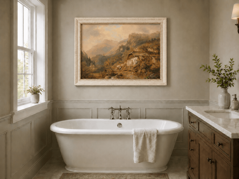 Alpine mountain cabin landscape oil painting presented as interior home decor.