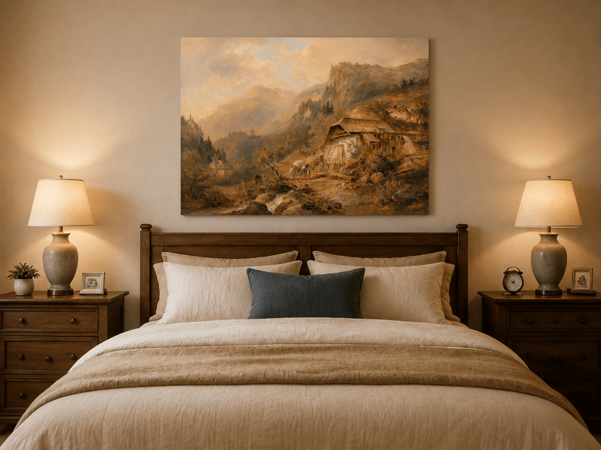 Alpine mountain cabin oil painting displayed as landscape wall decor.
