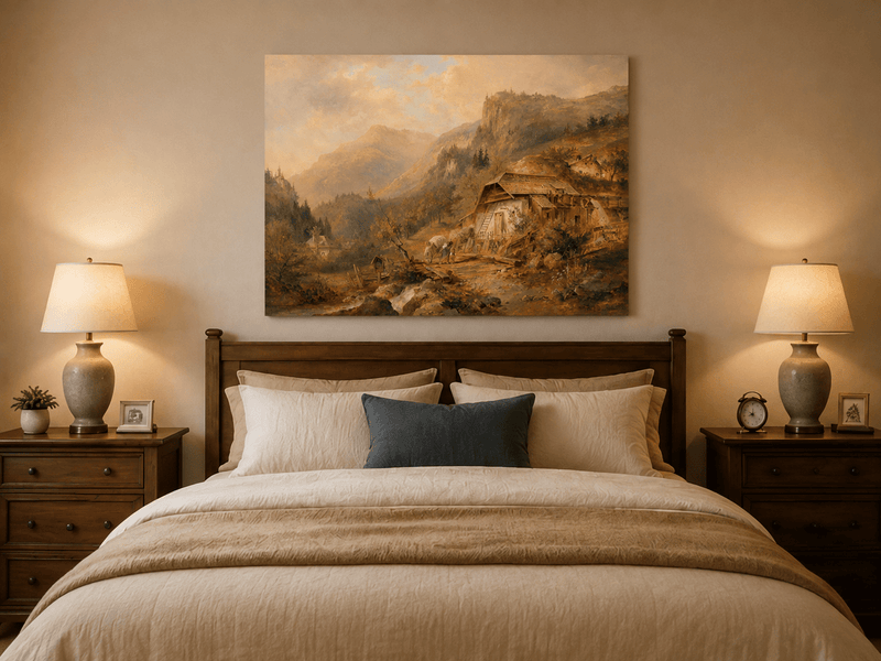 Alpine mountain cabin oil painting displayed as landscape wall decor.