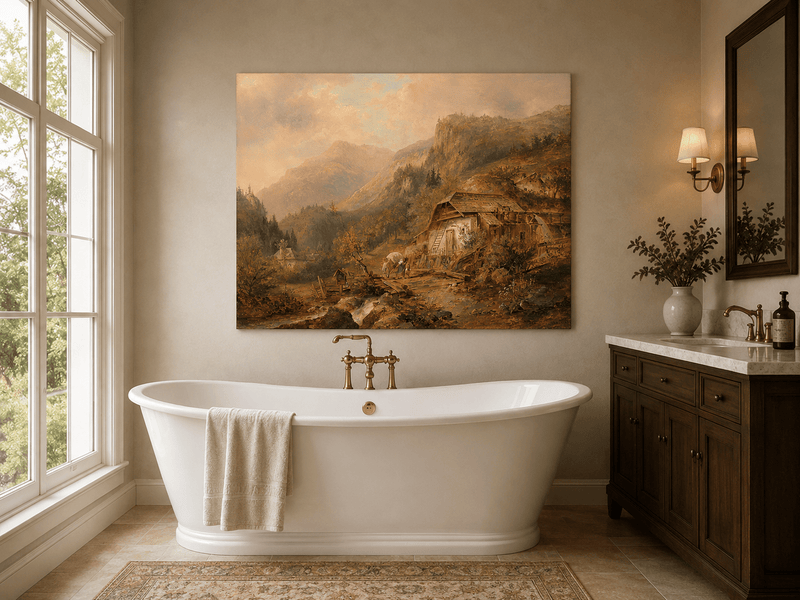 Alpine mountain cabin, rugged peaks and evening glow landscape oil painting presented as styled home decor.