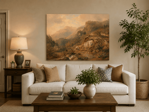 Alpine cabin with warm evening glow hand-painted oil artwork displayed in a second interior view.