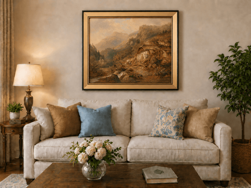 Alpine mountain cabin with peaks and warm evening glow landscape oil painting displayed in a styled home interior.