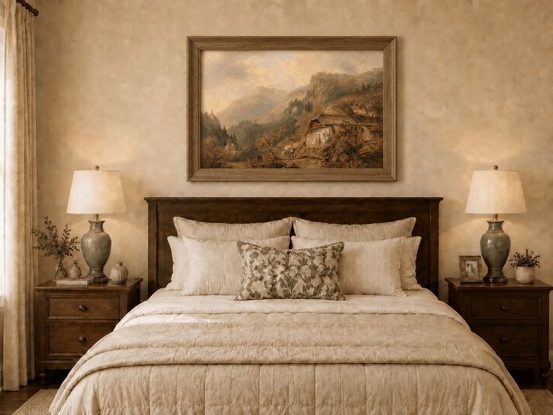 Hand-painted alpine mountain cabin in warm evening light displayed as decorative wall art.