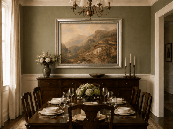 Alpine cabin and rugged peaks oil landscape artwork shown in a styled home interior.