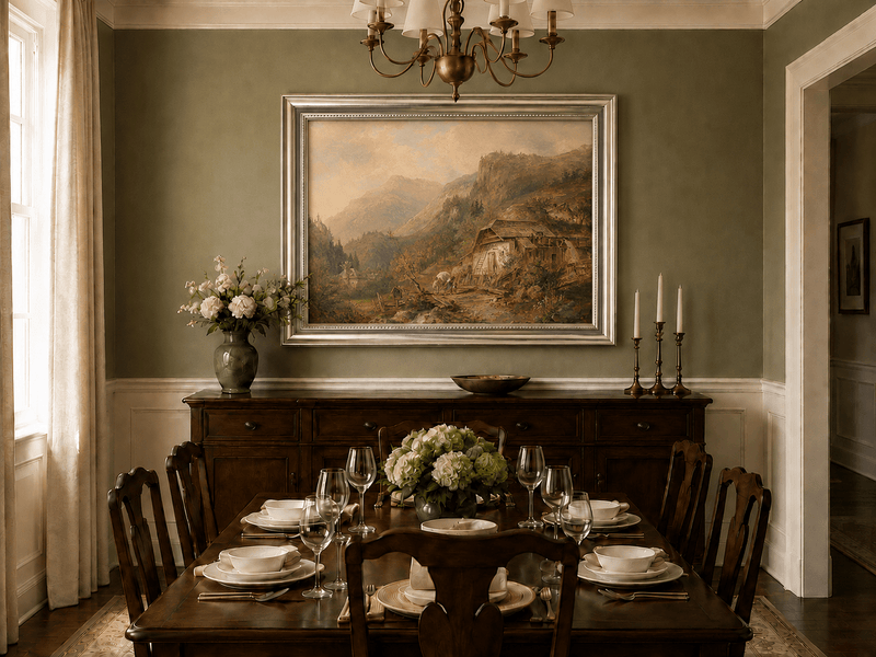 Alpine cabin and rugged peaks oil landscape artwork shown in a styled home interior.