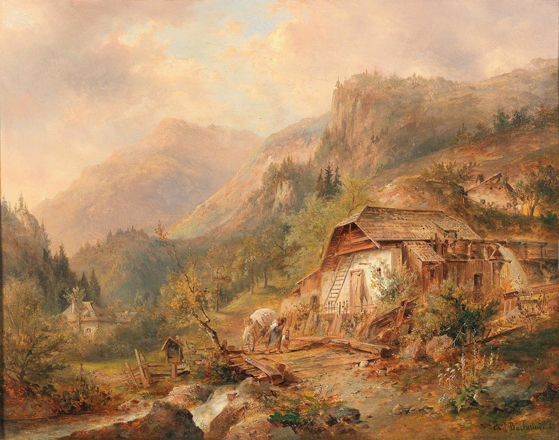 Landscape Oil Painting - Alpine Mountain Cabin, Peaks & Warm Evening Glow - Oil Painting Haven