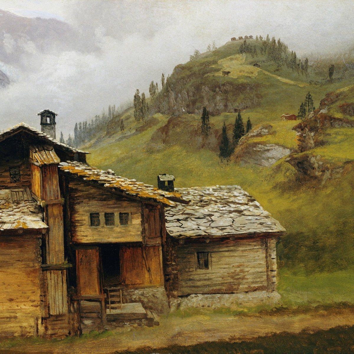 Landscape Oil Painting - Alpine Mountain Chalet, Pasture, Bell Tower & Peaks - Oil Painting Haven