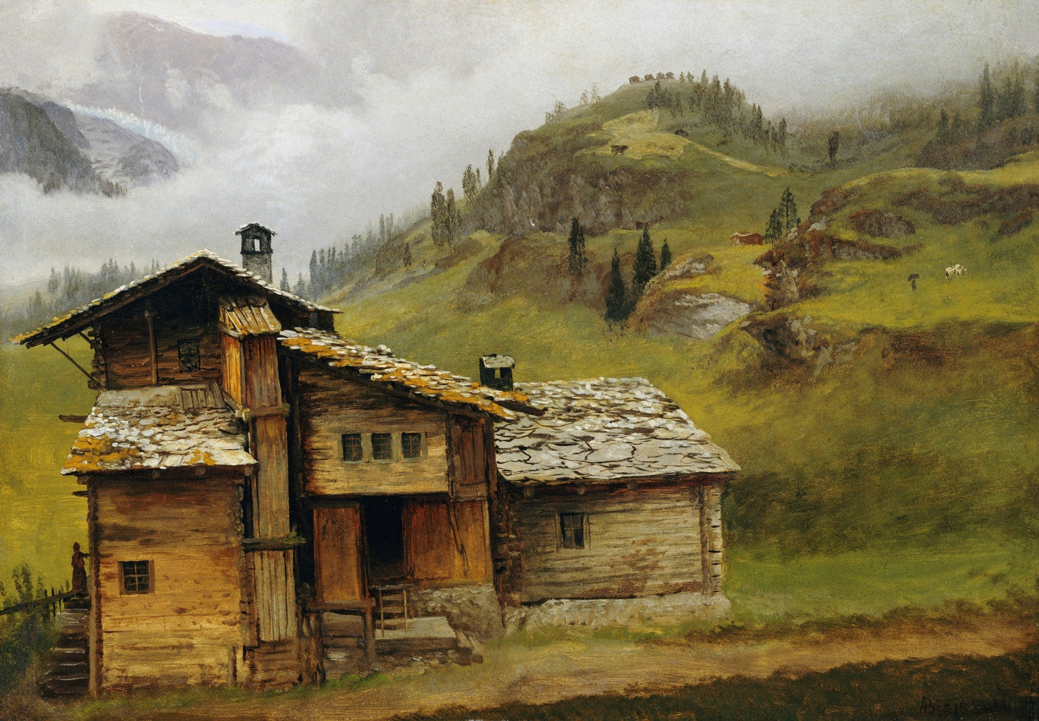 Landscape Oil Painting - Alpine Mountain Chalet, Pasture, Bell Tower & Peaks - Oil Painting Haven