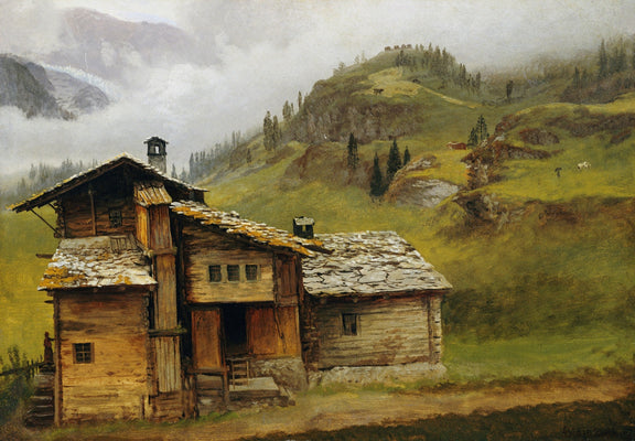 Landscape Oil Painting - Alpine Mountain Chalet, Pasture, Bell Tower & Peaks - Oil Painting Haven