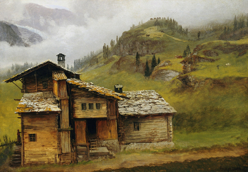 Landscape Oil Painting - Alpine Mountain Chalet, Pasture, Bell Tower & Peaks - Oil Painting Haven