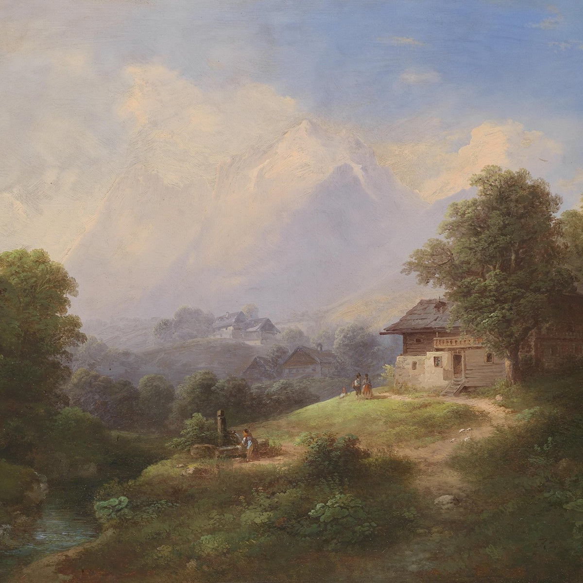 Landscape Oil Painting - Alpine Mountain Cottage: Villagers & Snow Peaks - Oil Painting Haven