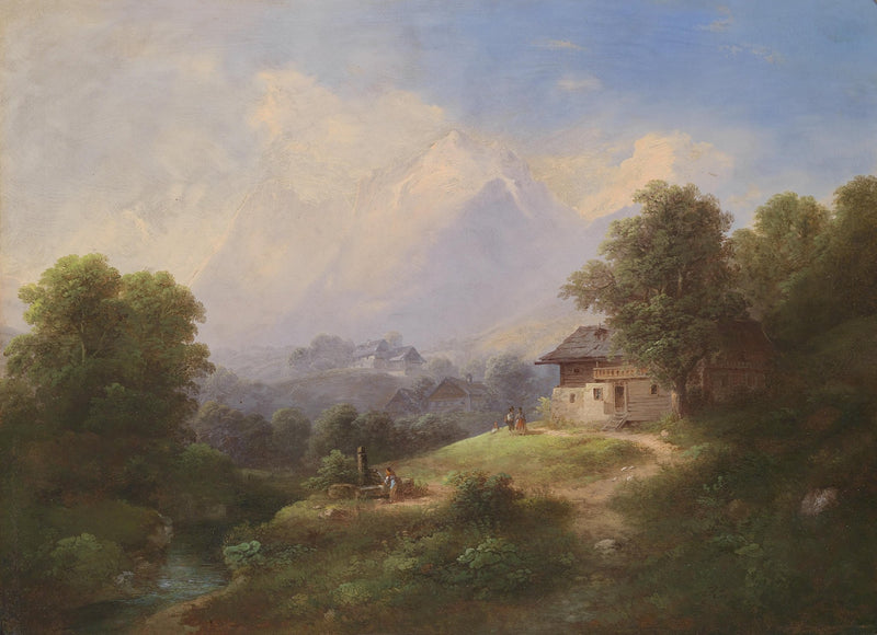 Landscape Oil Painting - Alpine Mountain Cottage: Villagers & Snow Peaks - Oil Painting Haven