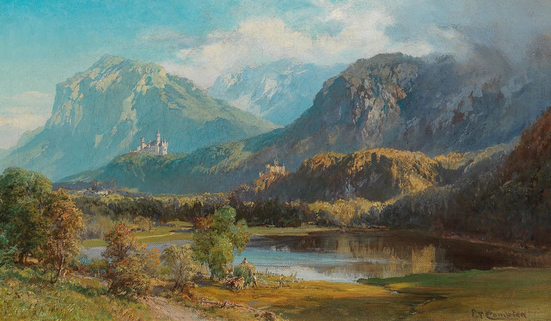 Landscape Oil Painting - alpine mountain lake hilltop castle lush greens - Oil Painting Haven