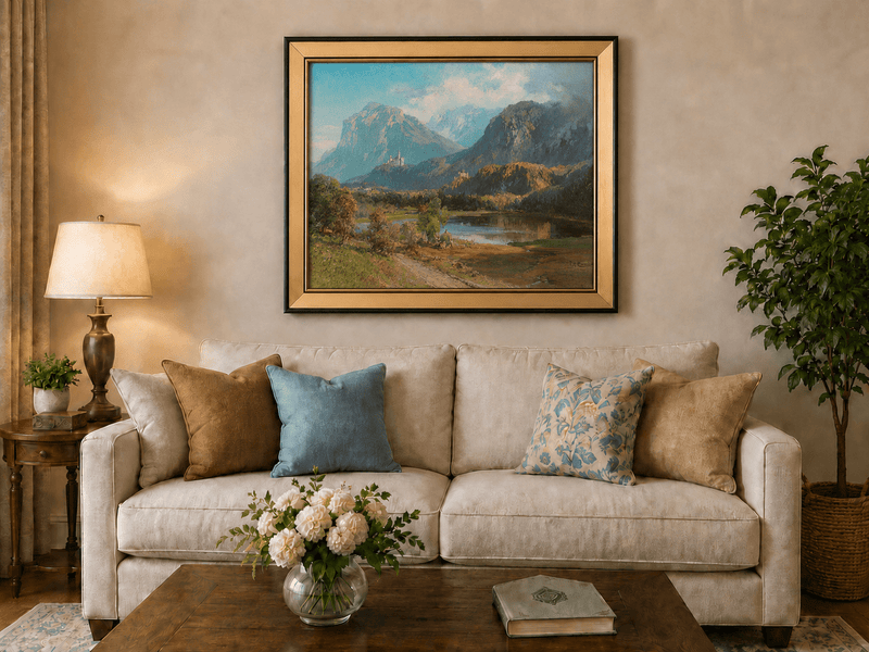 Landscape Oil Painting - Alpine Mountain Lake Hilltop Castle Lush