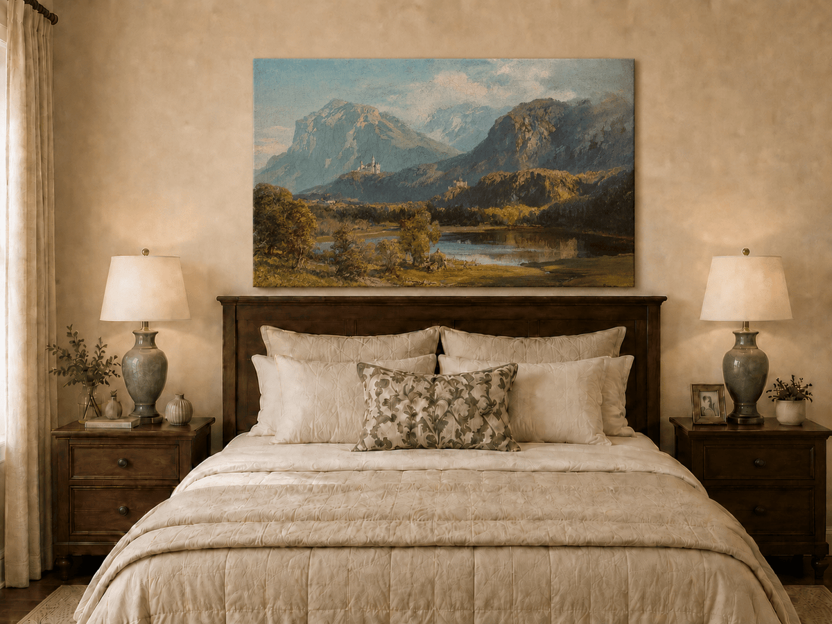Landscape Oil Painting - Alpine Mountain Lake Hilltop Castle Lush