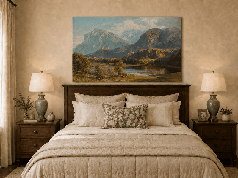 Landscape Oil Painting - Alpine Mountain Lake Hilltop Castle Lush