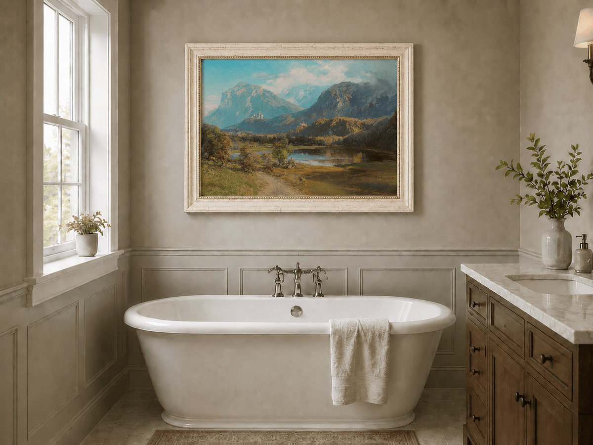 Landscape Oil Painting - Alpine Mountain Lake Hilltop Castle Lush
