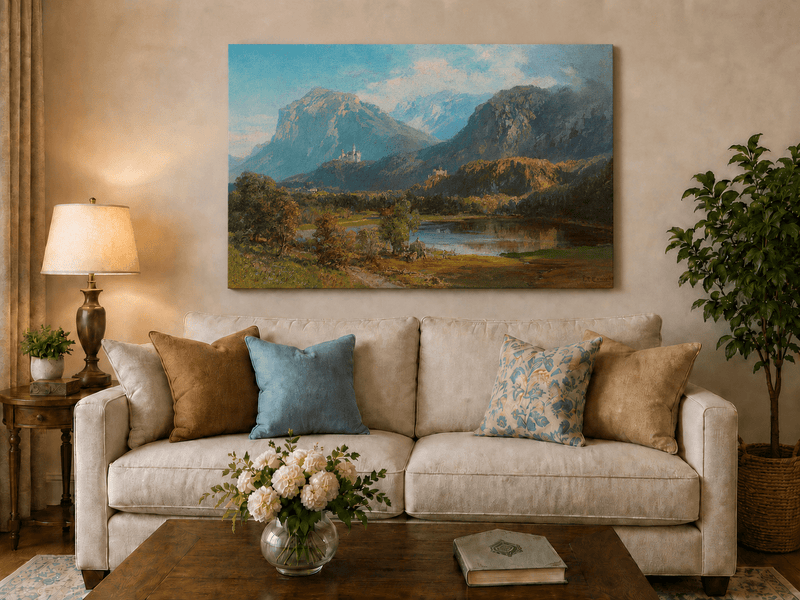 Landscape Oil Painting - Alpine Mountain Lake Hilltop Castle Lush