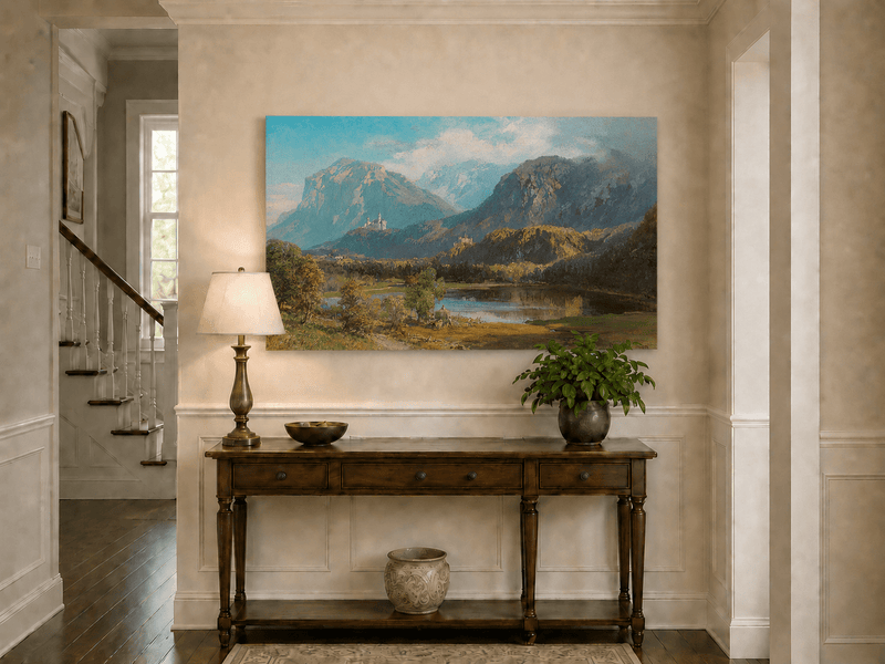 Landscape Oil Painting - Alpine Mountain Lake Hilltop Castle Lush