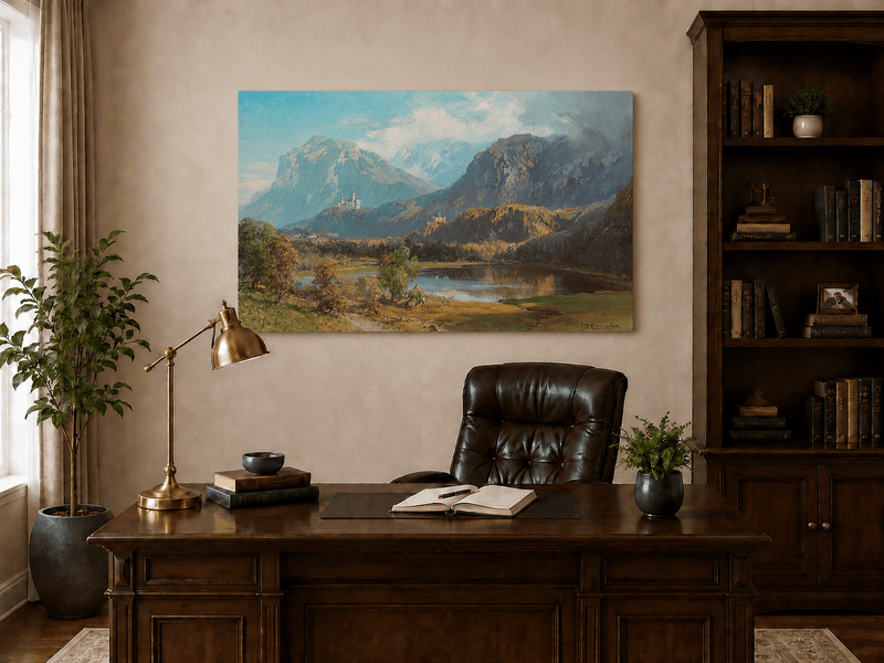 Landscape Oil Painting - Alpine Mountain Lake Hilltop Castle Lush
