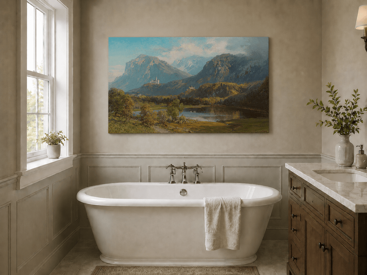 Landscape Oil Painting - Alpine Mountain Lake Hilltop Castle Lush