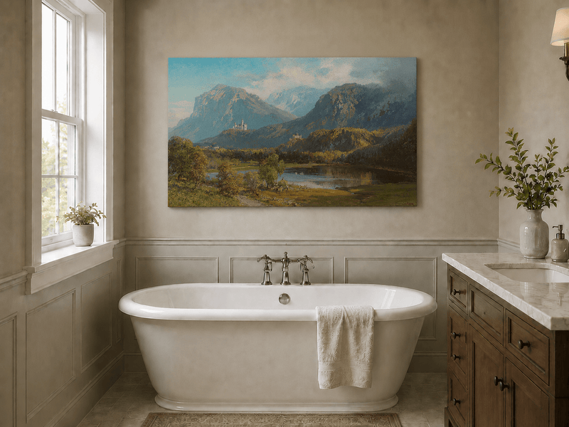 Landscape Oil Painting - Alpine Mountain Lake Hilltop Castle Lush