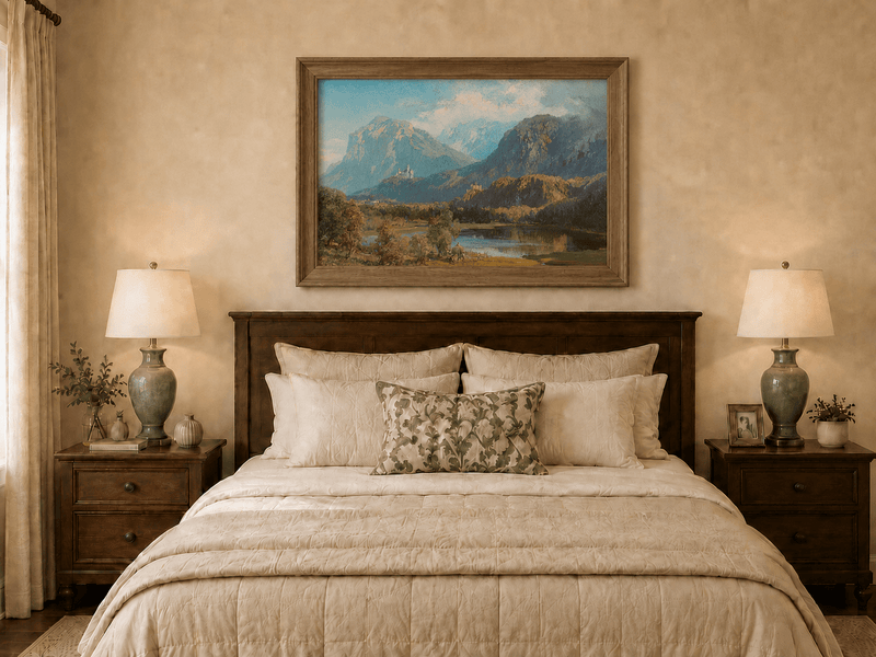 Landscape Oil Painting - Alpine Mountain Lake Hilltop Castle Lush