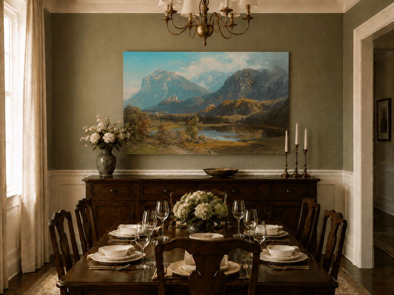 Landscape Oil Painting - Alpine Mountain Lake Hilltop Castle Lush