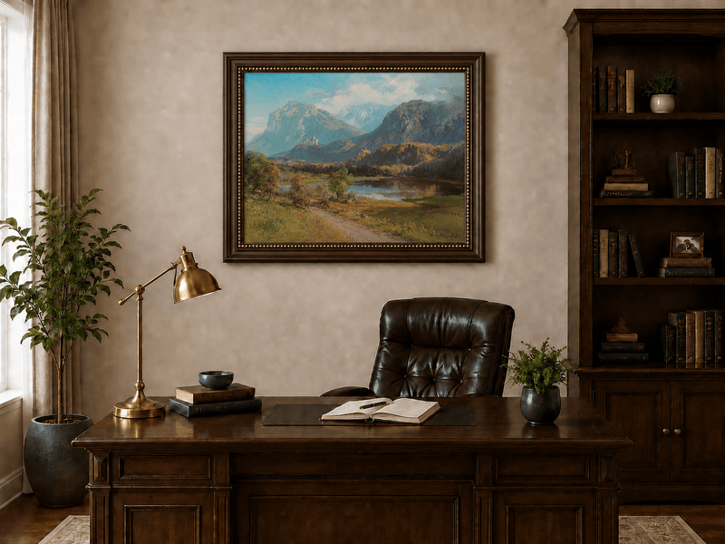 Landscape Oil Painting - Alpine Mountain Lake Hilltop Castle Lush