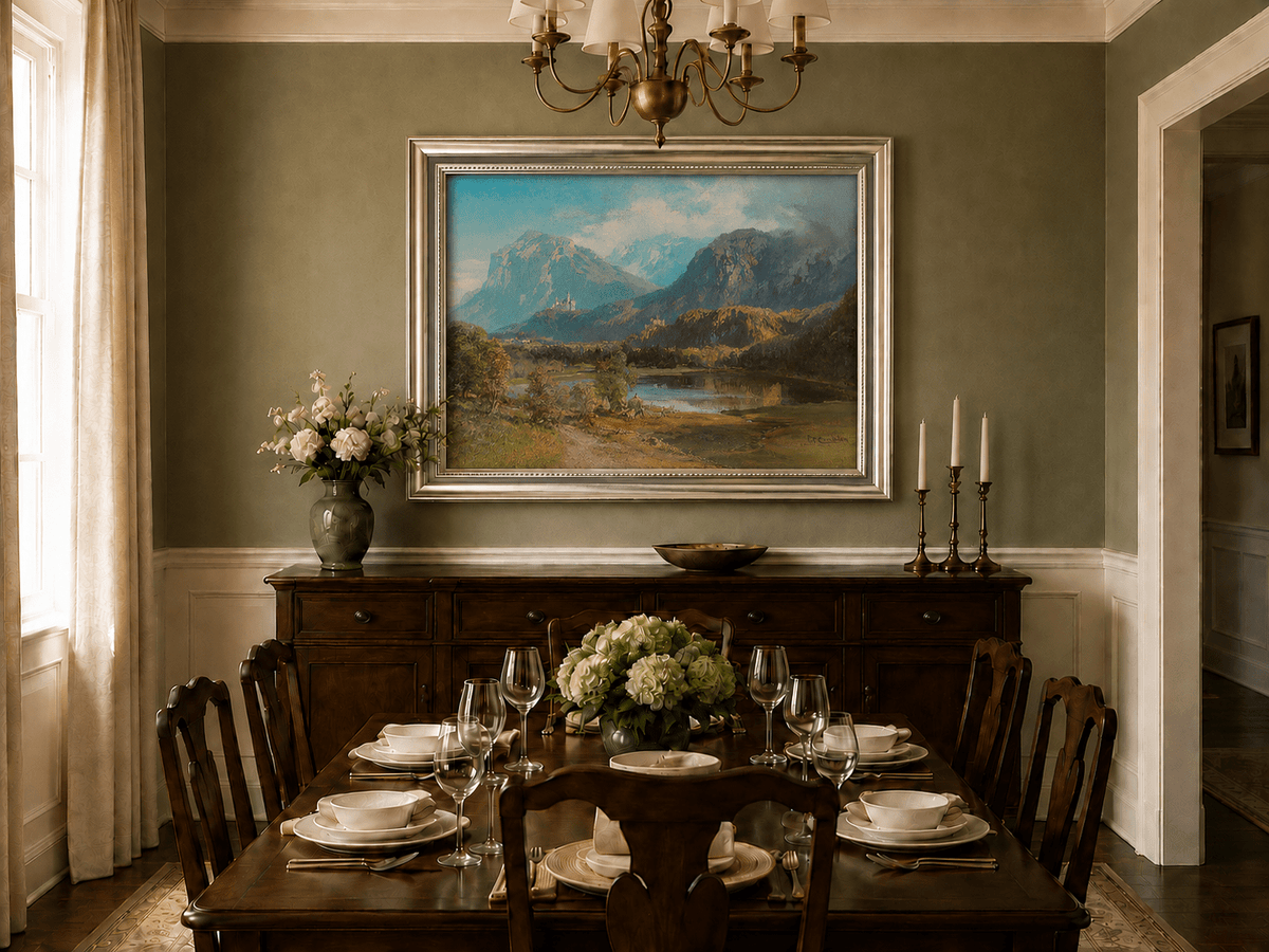 Landscape Oil Painting - Alpine Mountain Lake Hilltop Castle Lush