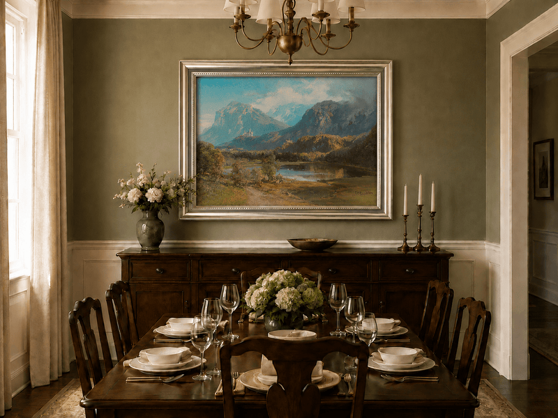 Landscape Oil Painting - Alpine Mountain Lake Hilltop Castle Lush
