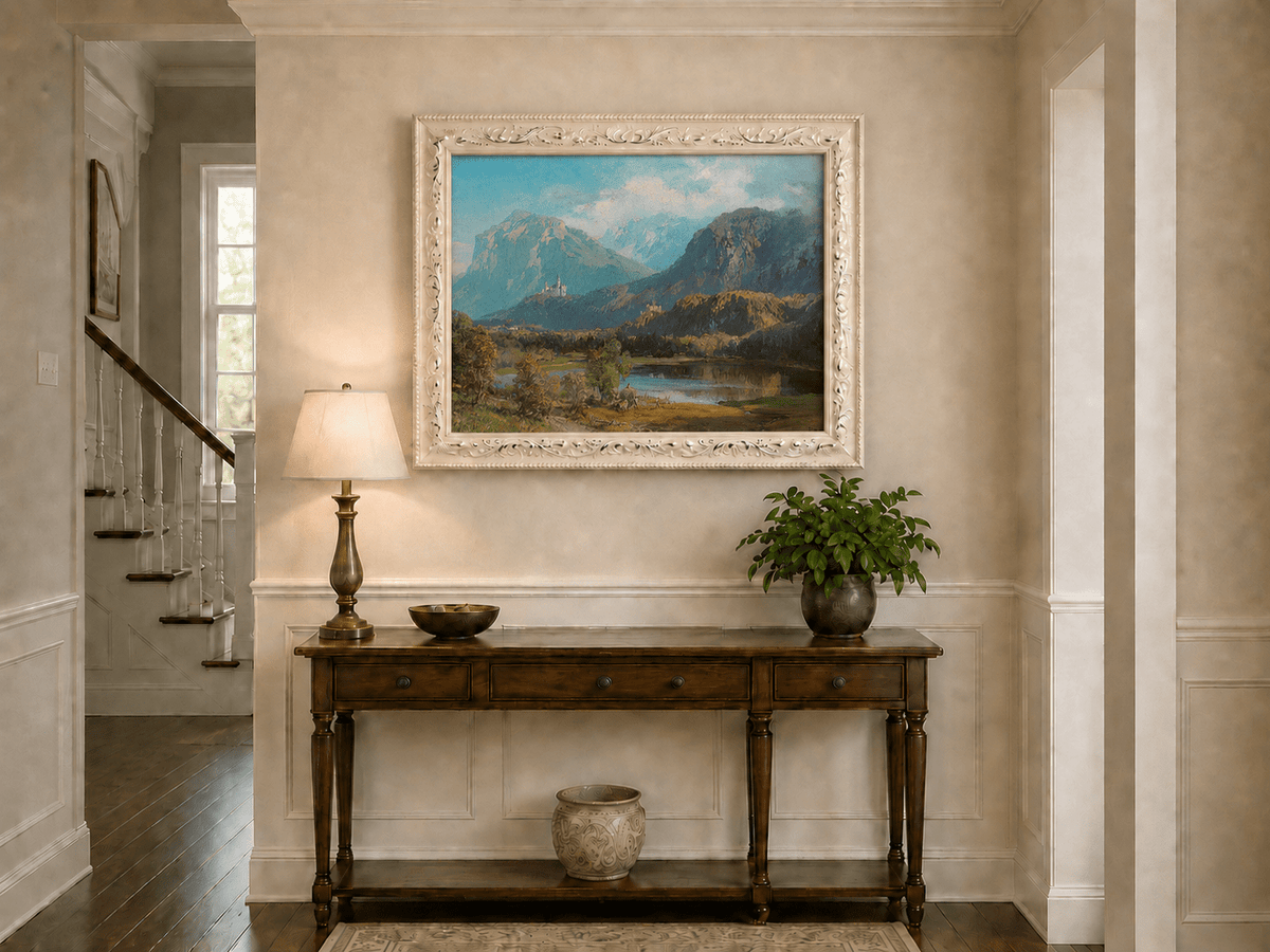 Landscape Oil Painting - Alpine Mountain Lake Hilltop Castle Lush